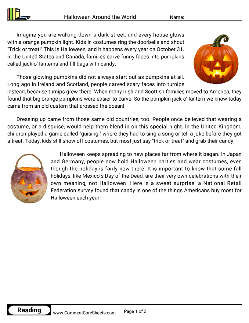 3rd Grade 31 Days of Halloween Reading - Halloween Around the World worksheet