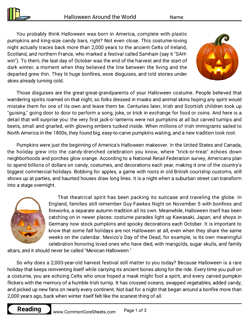 6th Grade 31 Days of Halloween Reading - Halloween Around the World worksheet
