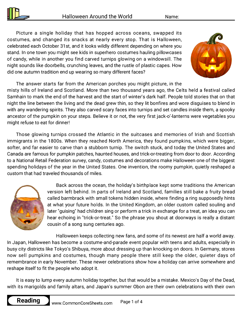 7th Grade 31 Days of Halloween Reading - Halloween Around the World worksheet
