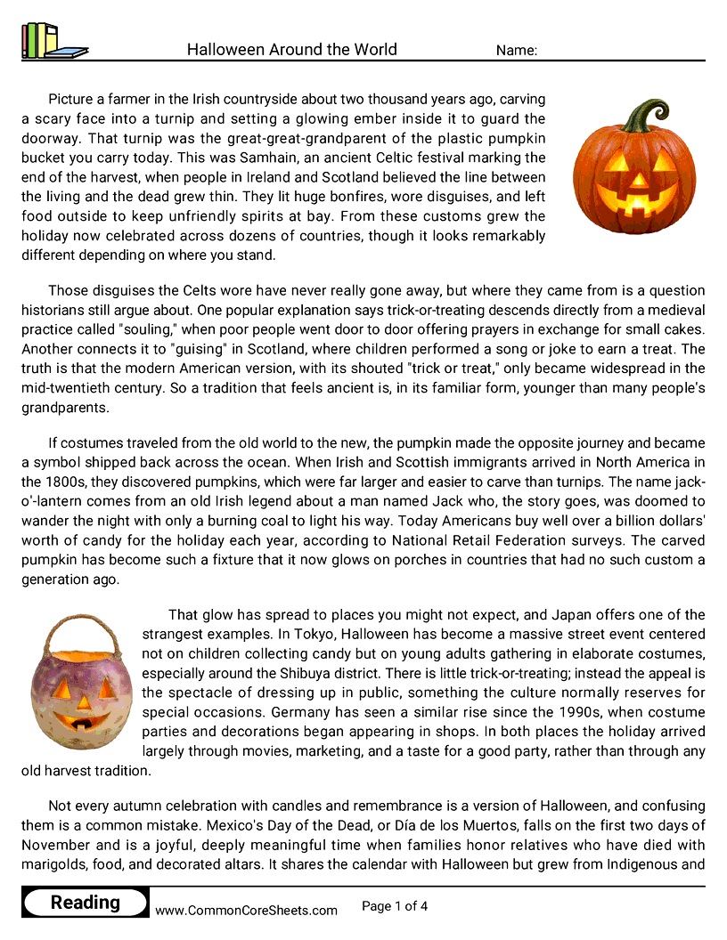 8th Grade 31 Days of Halloween Reading - Halloween Around the World worksheet