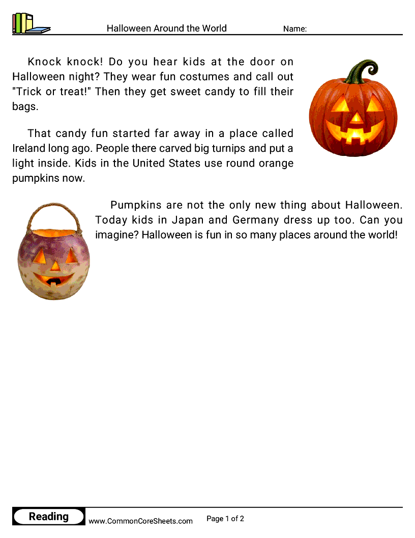 Kindergarten 31 Days of Halloween Reading - Halloween Around the World worksheet