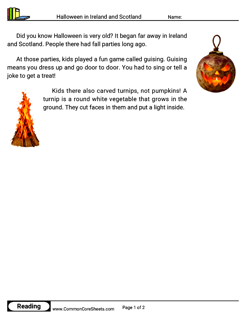 1st Grade 31 Days of Halloween Reading - Halloween in Ireland and Scotland worksheet
