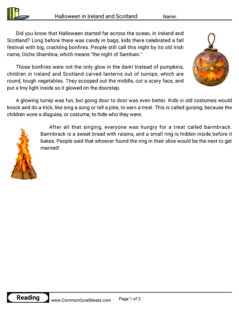 2nd Grade 31 Days of Halloween Reading - Halloween in Ireland and Scotland worksheet