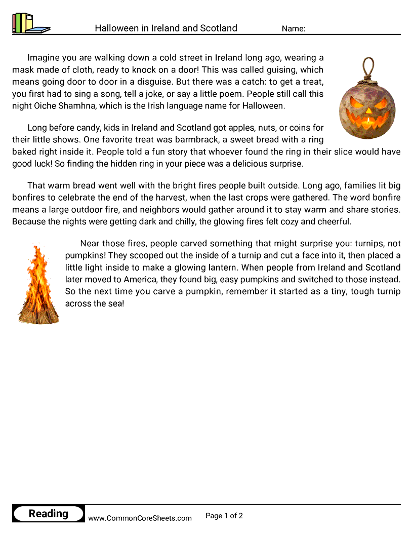 3rd Grade 31 Days of Halloween Reading - Halloween in Ireland and Scotland worksheet