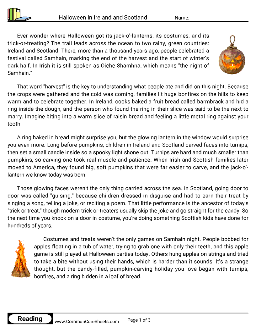5th Grade 31 Days of Halloween Reading - Halloween in Ireland and Scotland worksheet
