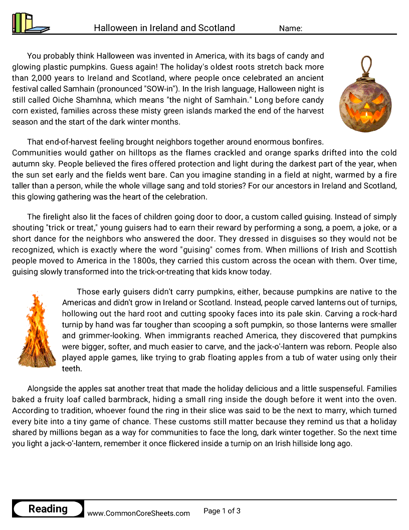 6th Grade 31 Days of Halloween Reading - Halloween in Ireland and Scotland worksheet