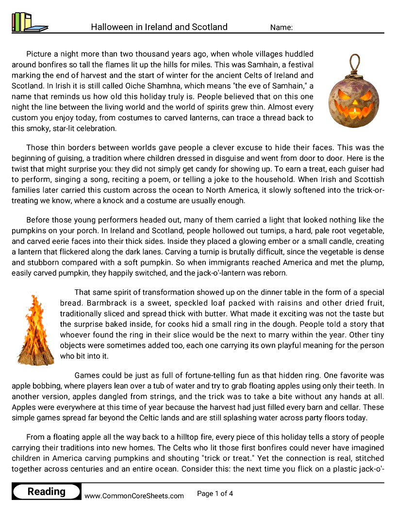 7th Grade 31 Days of Halloween Reading - Halloween in Ireland and Scotland worksheet