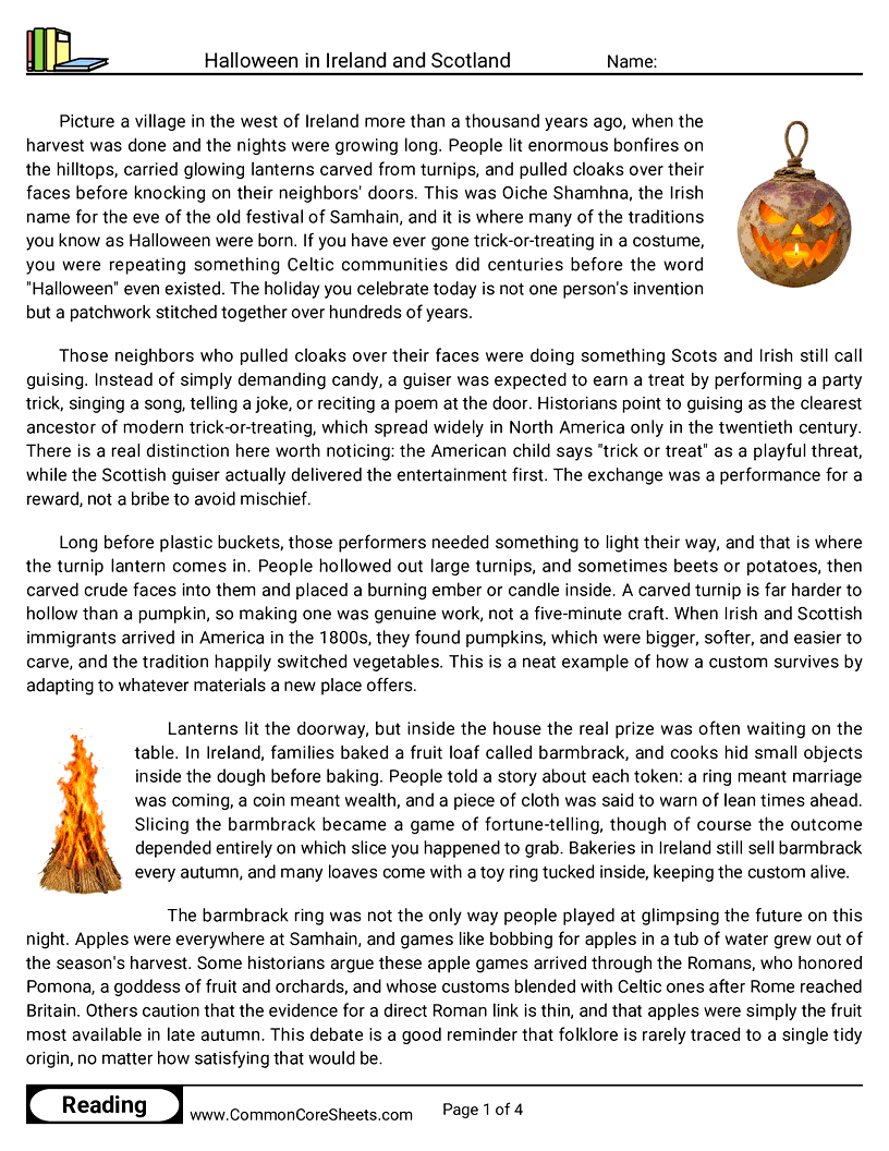 8th Grade 31 Days of Halloween Reading - Halloween in Ireland and Scotland worksheet