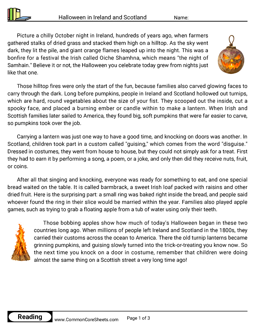 31 Days of Halloween Reading - Halloween in Ireland and Scotland worksheet