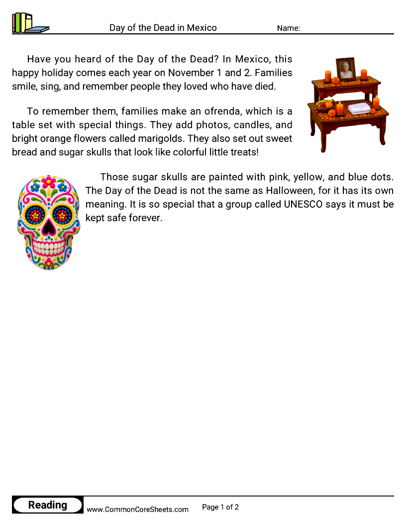 1st Grade 31 Days of Halloween Reading - Day of the Dead in Mexico worksheet