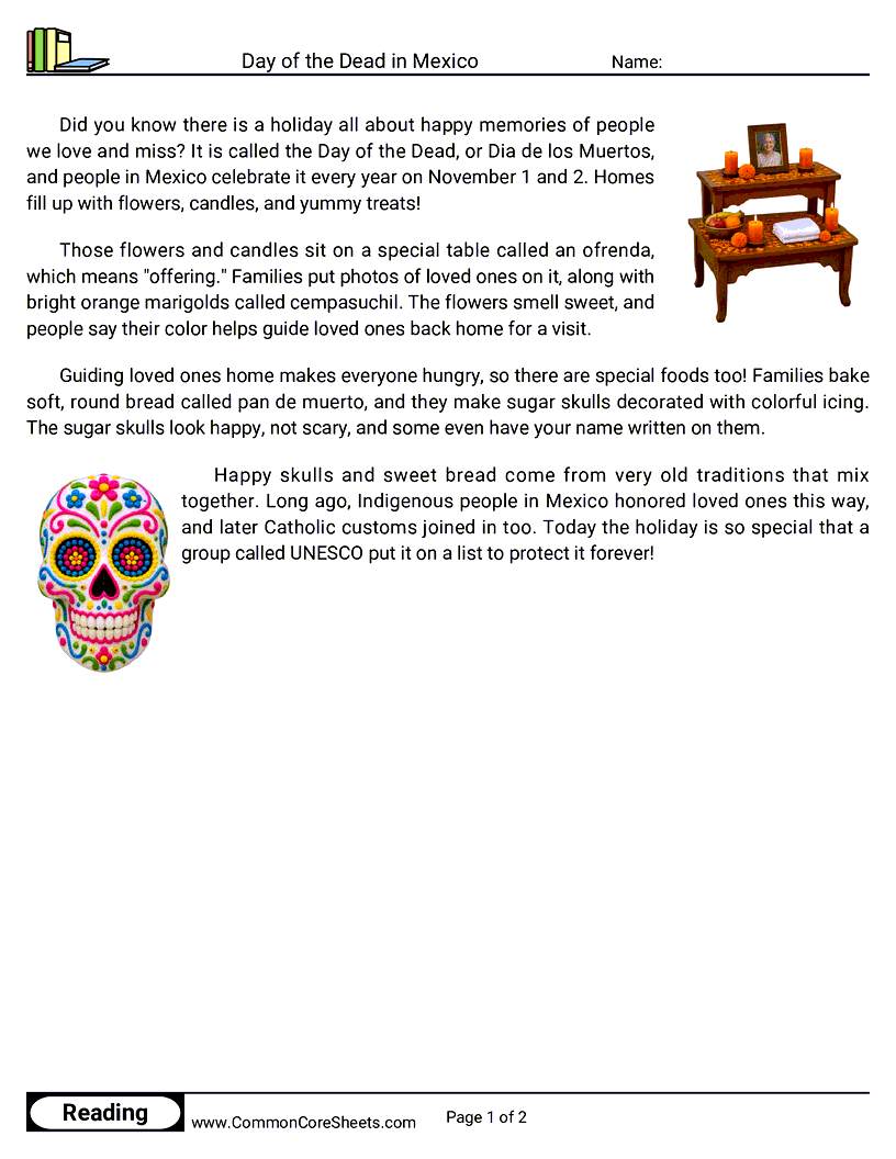 2nd Grade 31 Days of Halloween Reading - Day of the Dead in Mexico worksheet