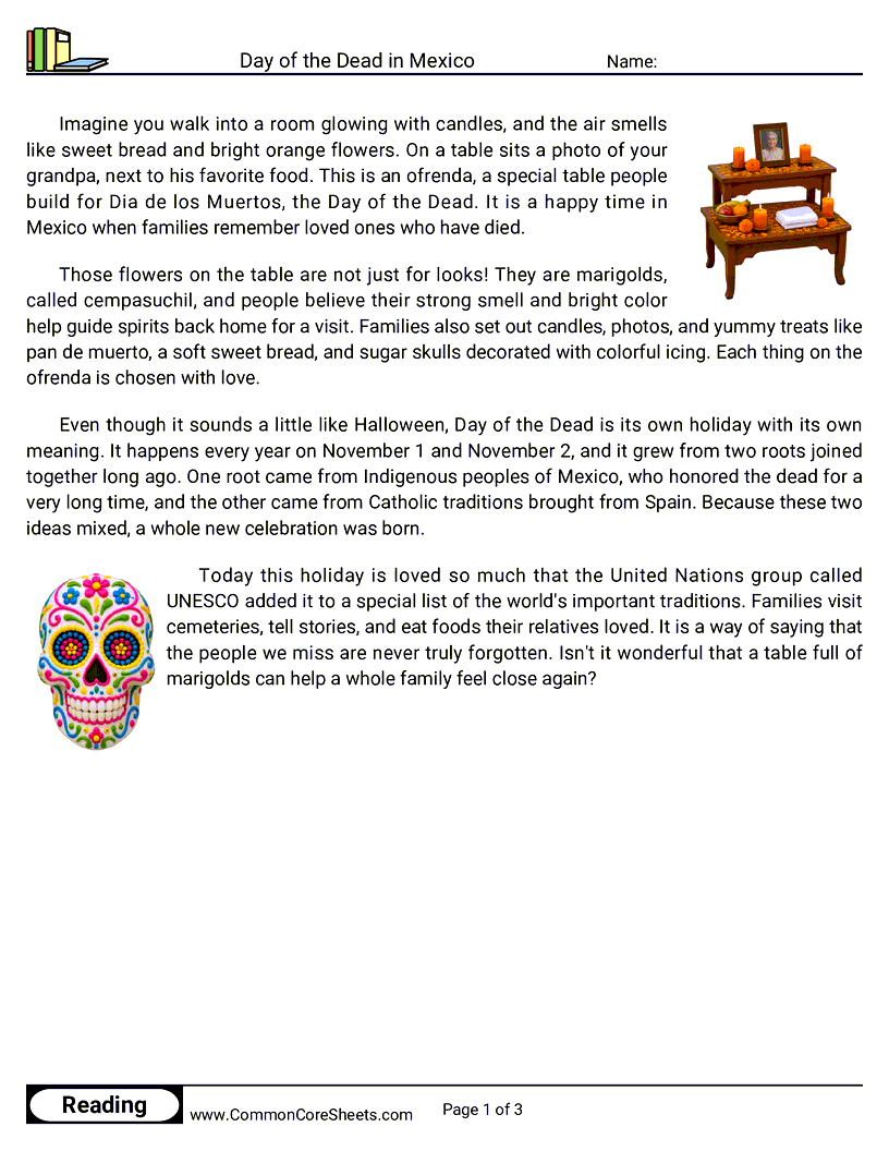3rd Grade 31 Days of Halloween Reading - Day of the Dead in Mexico worksheet