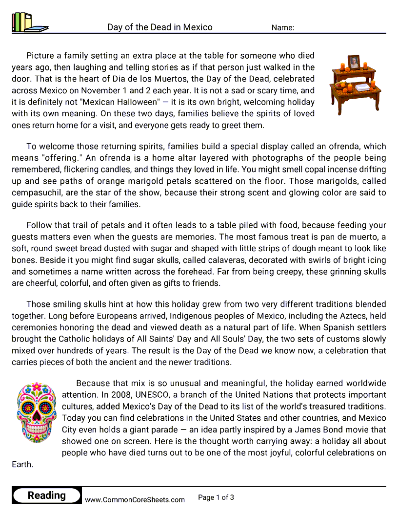 5th Grade 31 Days of Halloween Reading - Day of the Dead in Mexico worksheet