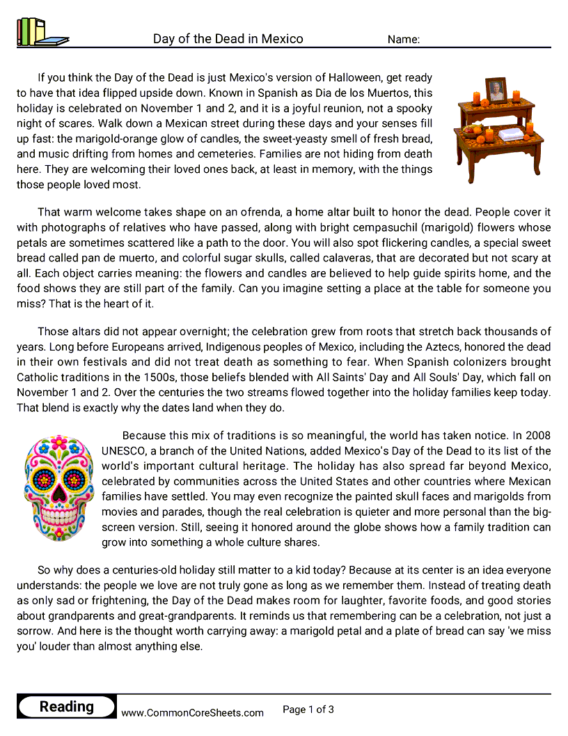 6th Grade 31 Days of Halloween Reading - Day of the Dead in Mexico worksheet