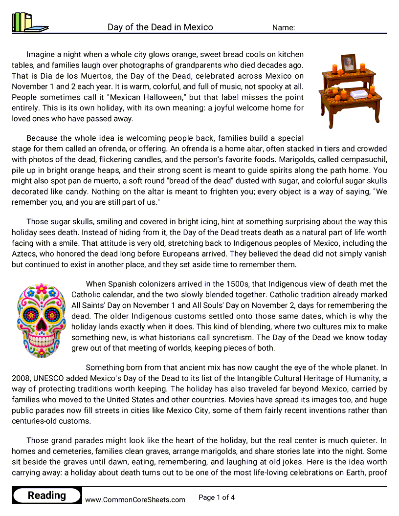 7th Grade 31 Days of Halloween Reading - Day of the Dead in Mexico worksheet