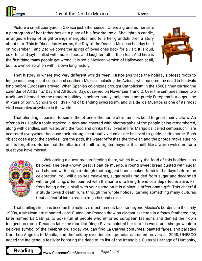 8th Grade 31 Days of Halloween Reading - Day of the Dead in Mexico worksheet