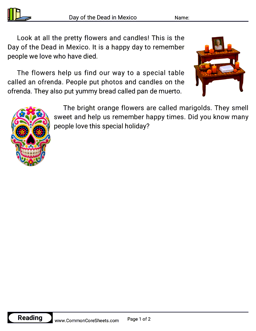 Kindergarten 31 Days of Halloween Reading - Day of the Dead in Mexico worksheet