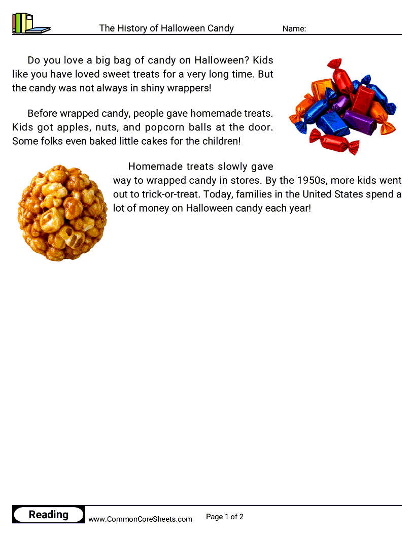 1st Grade 31 Days of Halloween Reading - The History of Halloween Candy worksheet