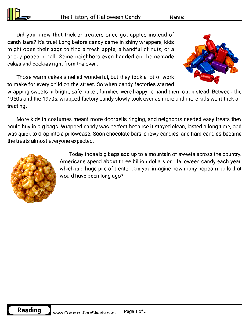2nd Grade 31 Days of Halloween Reading - The History of Halloween Candy worksheet