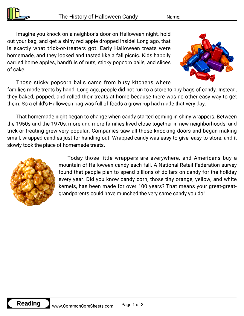 3rd Grade 31 Days of Halloween Reading - The History of Halloween Candy worksheet