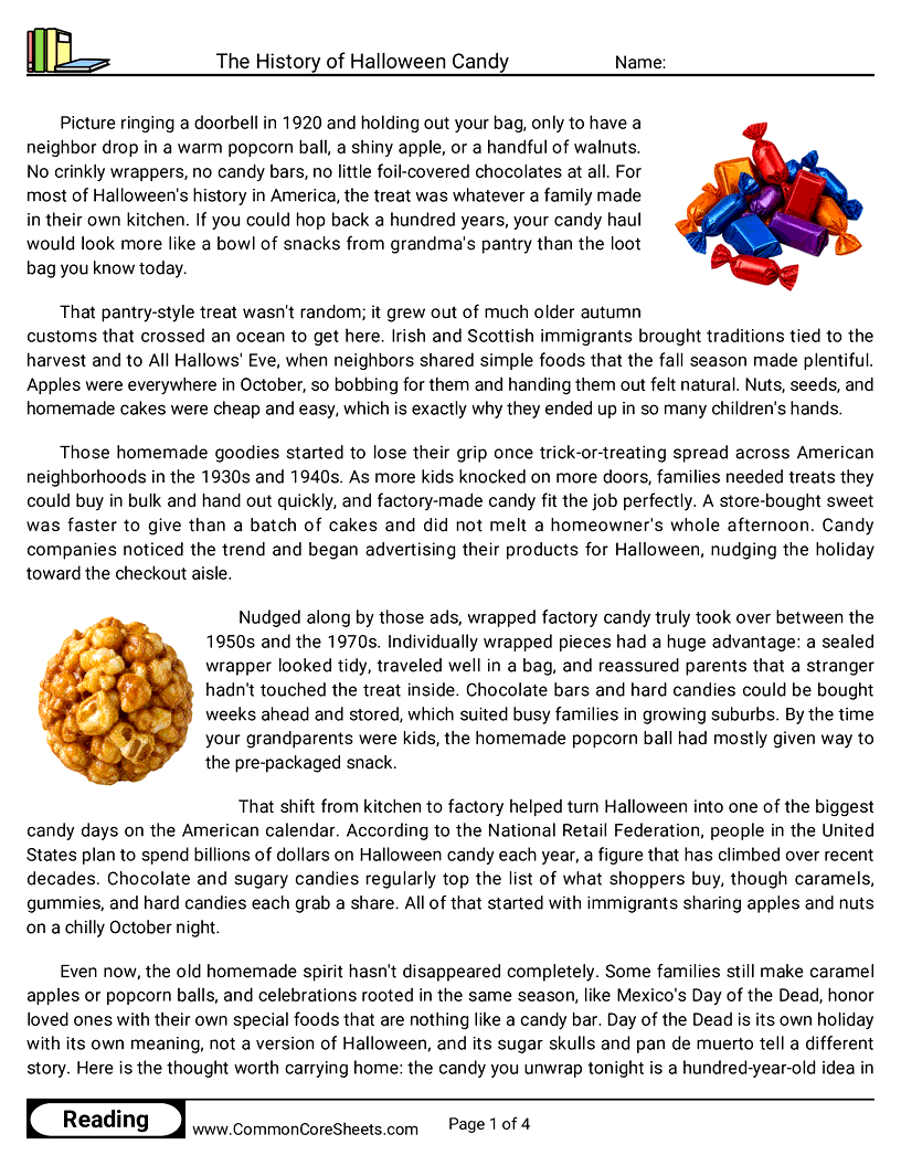 7th Grade 31 Days of Halloween Reading - The History of Halloween Candy worksheet