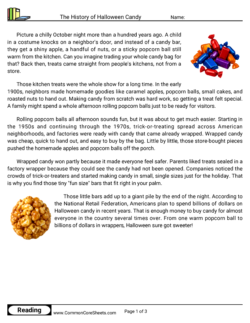 31 Days of Halloween Reading - The History of Halloween Candy worksheet