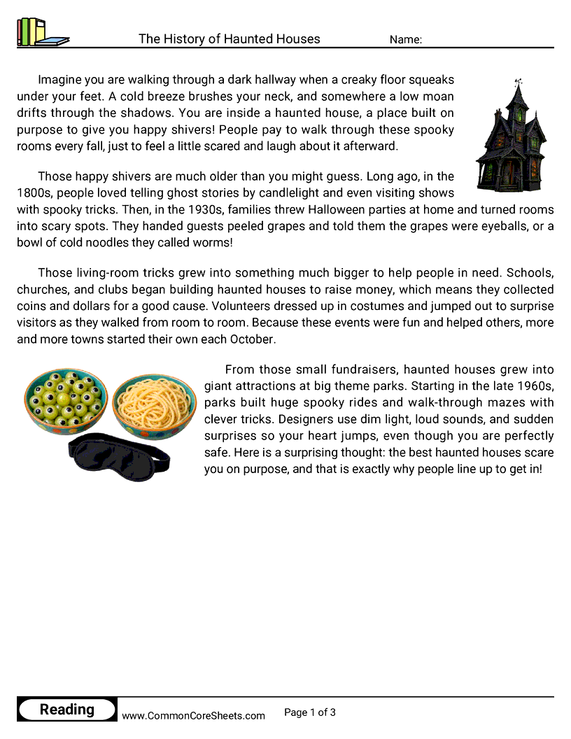 3rd Grade 31 Days of Halloween Reading - The History of Haunted Houses worksheet