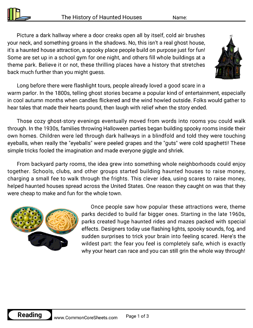 4th Grade 31 Days of Halloween Reading - The History of Haunted Houses worksheet