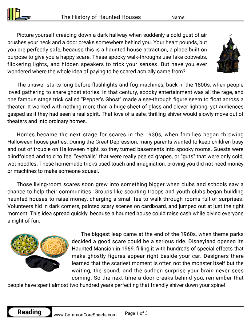 5th Grade 31 Days of Halloween Reading - The History of Haunted Houses worksheet