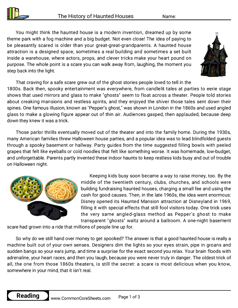 6th Grade 31 Days of Halloween Reading - The History of Haunted Houses worksheet
