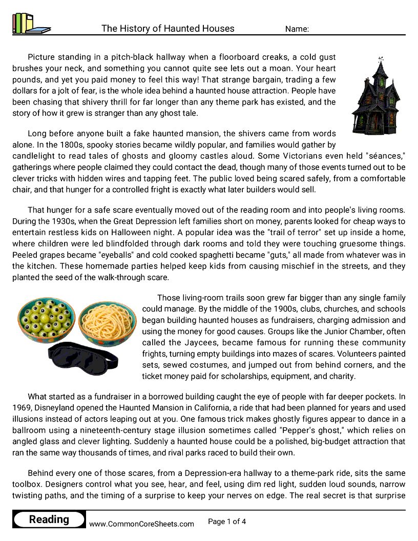 7th Grade 31 Days of Halloween Reading - The History of Haunted Houses worksheet