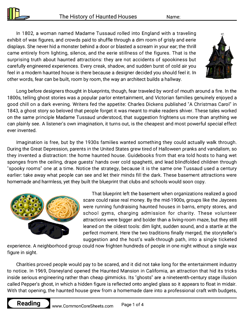 8th Grade 31 Days of Halloween Reading - The History of Haunted Houses worksheet