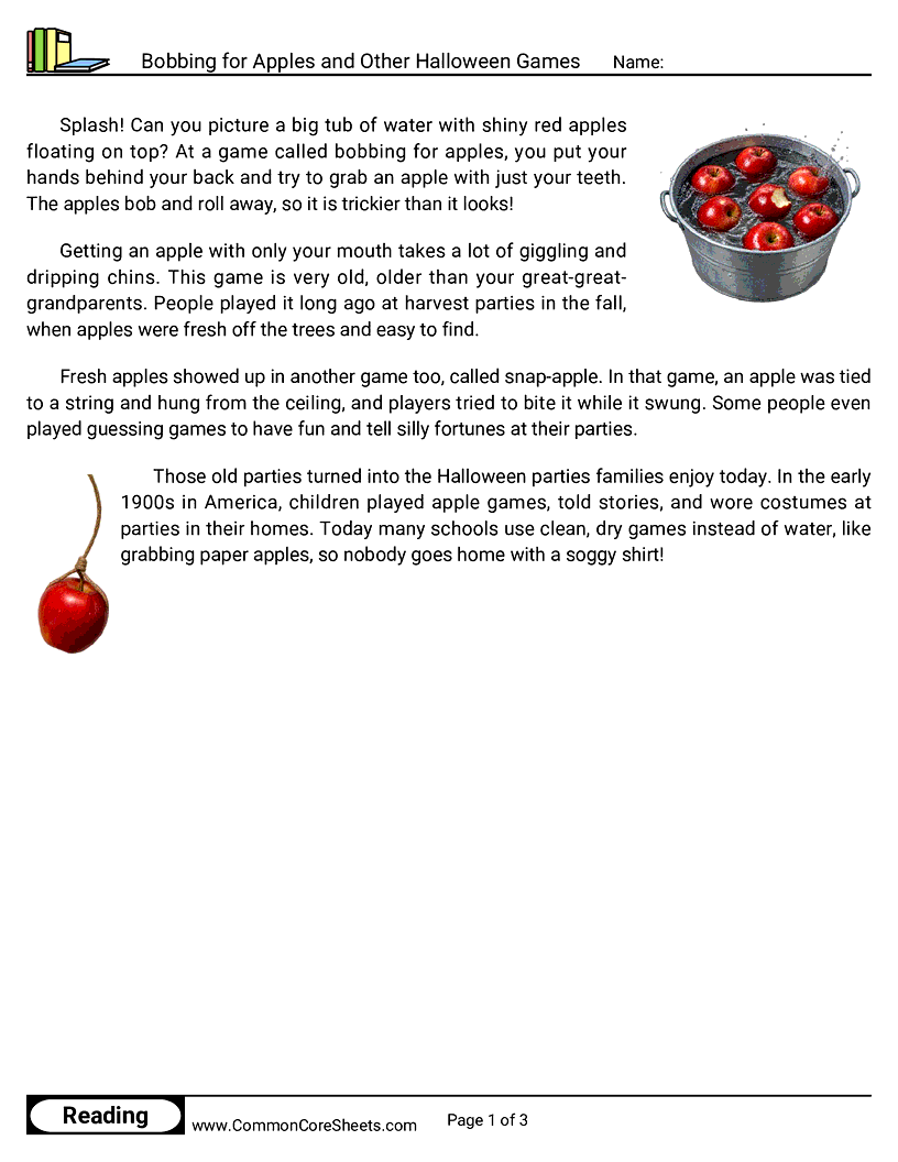 2nd Grade 31 Days of Halloween Reading - Bobbing for Apples and Other Halloween Games worksheet