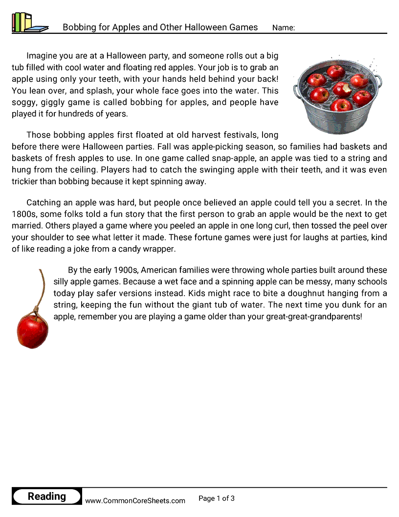3rd Grade 31 Days of Halloween Reading - Bobbing for Apples and Other Halloween Games worksheet