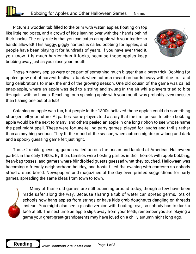 5th Grade 31 Days of Halloween Reading - Bobbing for Apples and Other Halloween Games worksheet