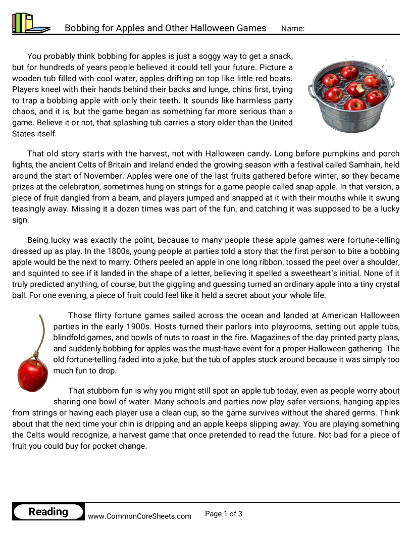 6th Grade 31 Days of Halloween Reading - Bobbing for Apples and Other Halloween Games worksheet