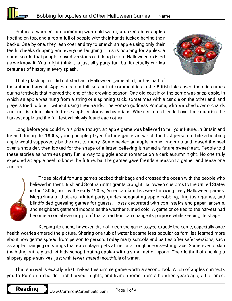 7th Grade 31 Days of Halloween Reading - Bobbing for Apples and Other Halloween Games worksheet