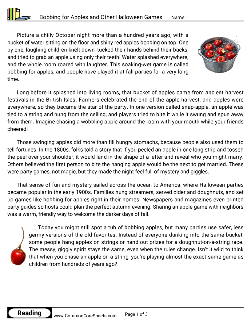 31 Days of Halloween Reading - Bobbing for Apples and Other Halloween Games worksheet
