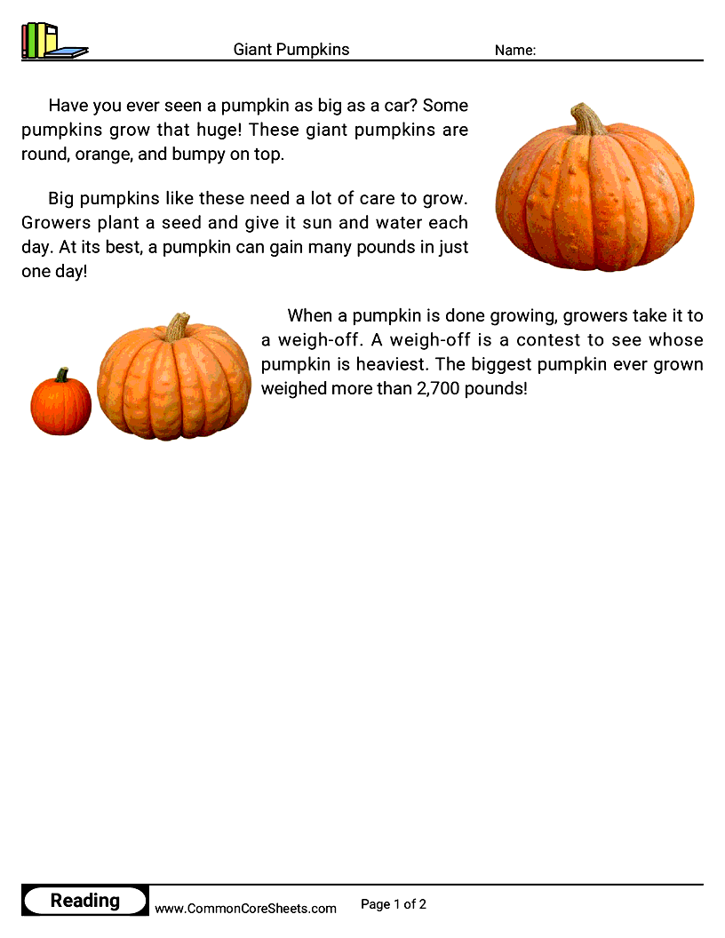 1st Grade 31 Days of Halloween Reading - Giant Pumpkins worksheet