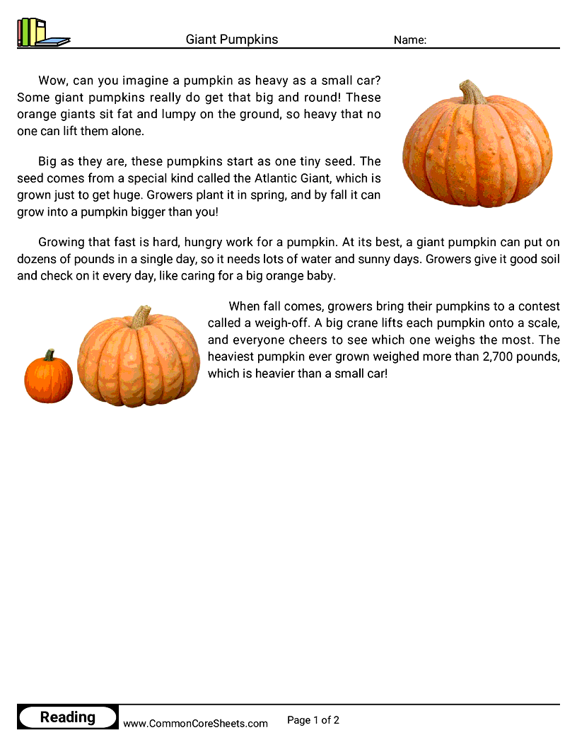 2nd Grade 31 Days of Halloween Reading - Giant Pumpkins worksheet