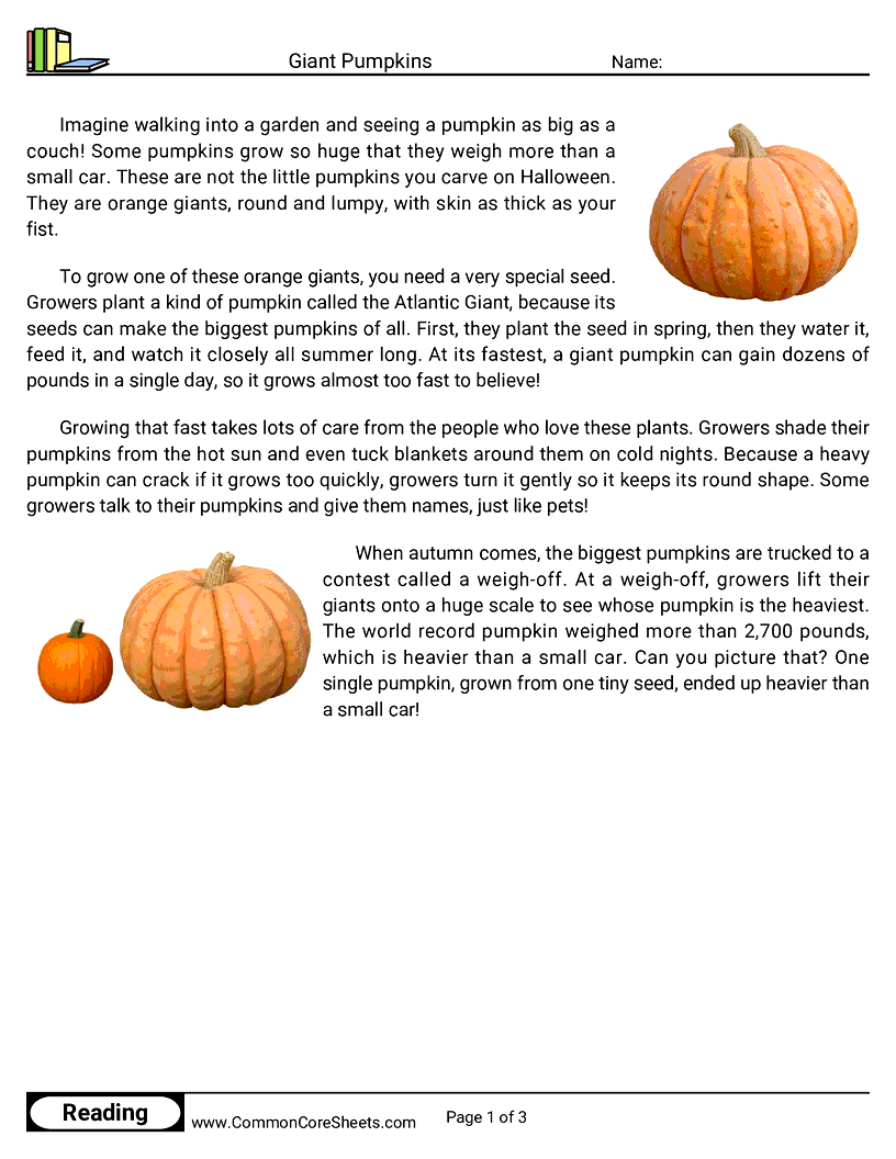 3rd Grade 31 Days of Halloween Reading - Giant Pumpkins worksheet