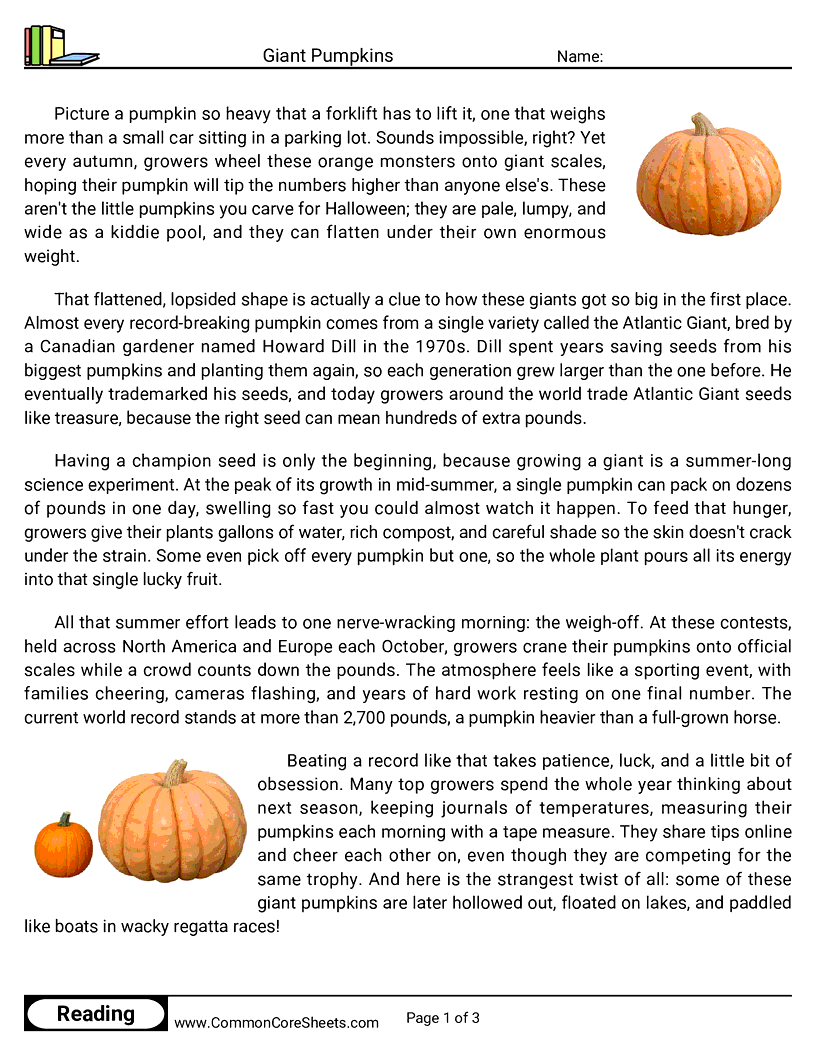 5th Grade 31 Days of Halloween Reading - Giant Pumpkins worksheet