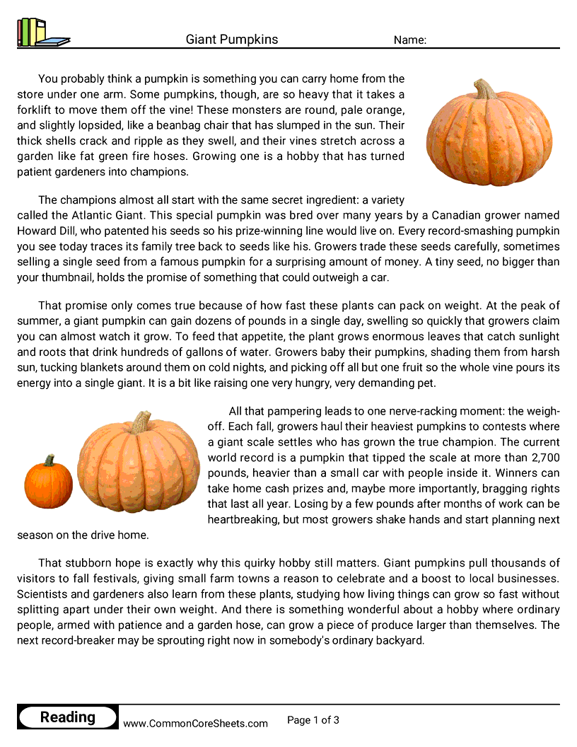 6th Grade 31 Days of Halloween Reading - Giant Pumpkins worksheet