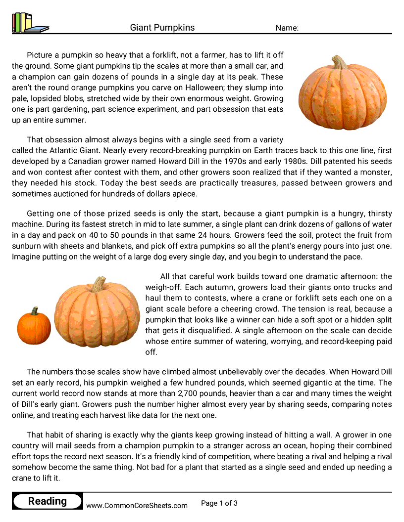 7th Grade 31 Days of Halloween Reading - Giant Pumpkins worksheet
