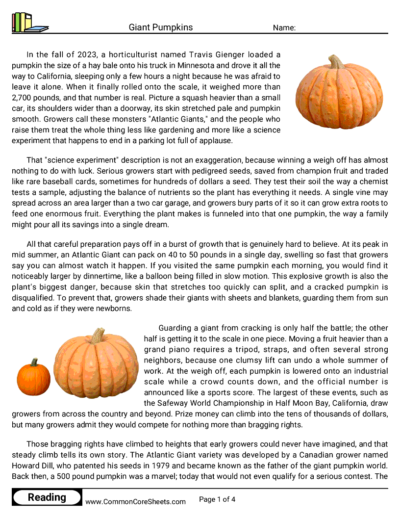 8th Grade 31 Days of Halloween Reading - Giant Pumpkins worksheet