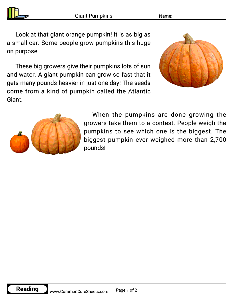 Kindergarten 31 Days of Halloween Reading - Giant Pumpkins worksheet