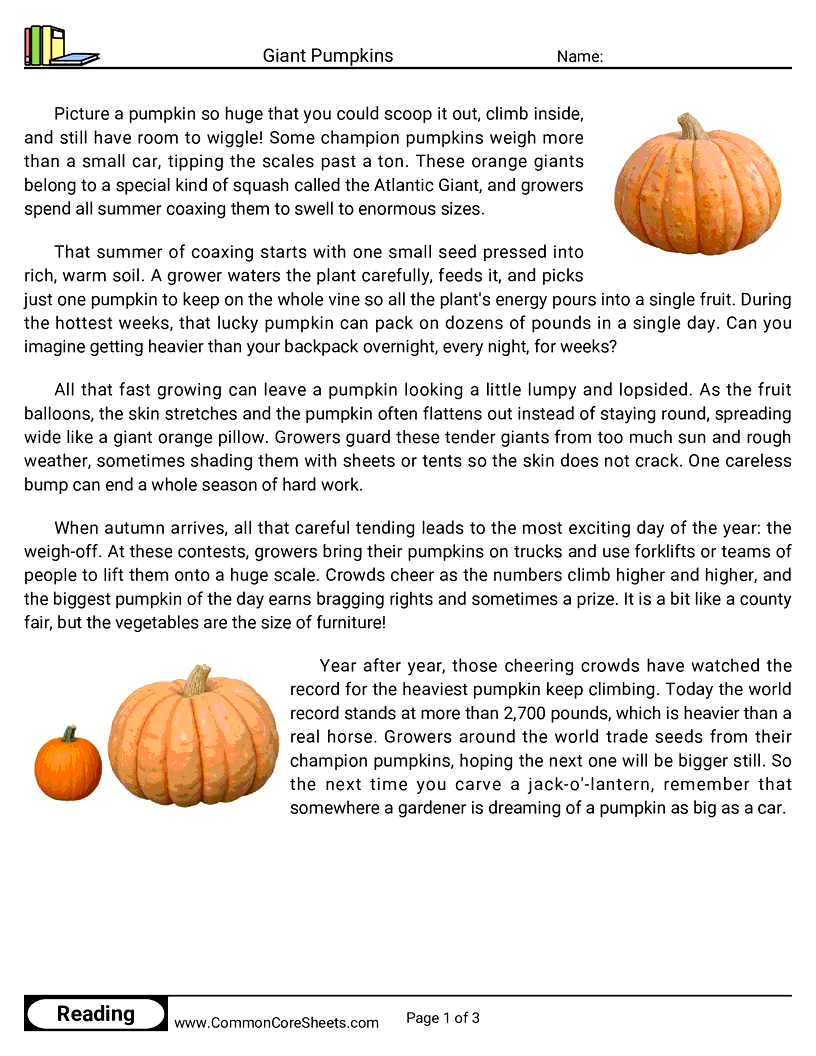 31 Days of Halloween Reading - Giant Pumpkins worksheet