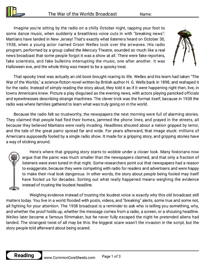 6th Grade 31 Days of Halloween Reading - The War of the Worlds Broadcast worksheet