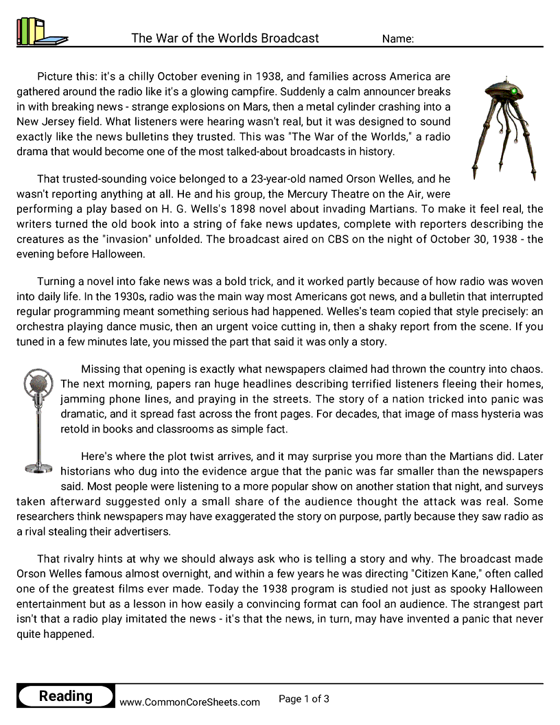 7th Grade 31 Days of Halloween Reading - The War of the Worlds Broadcast worksheet