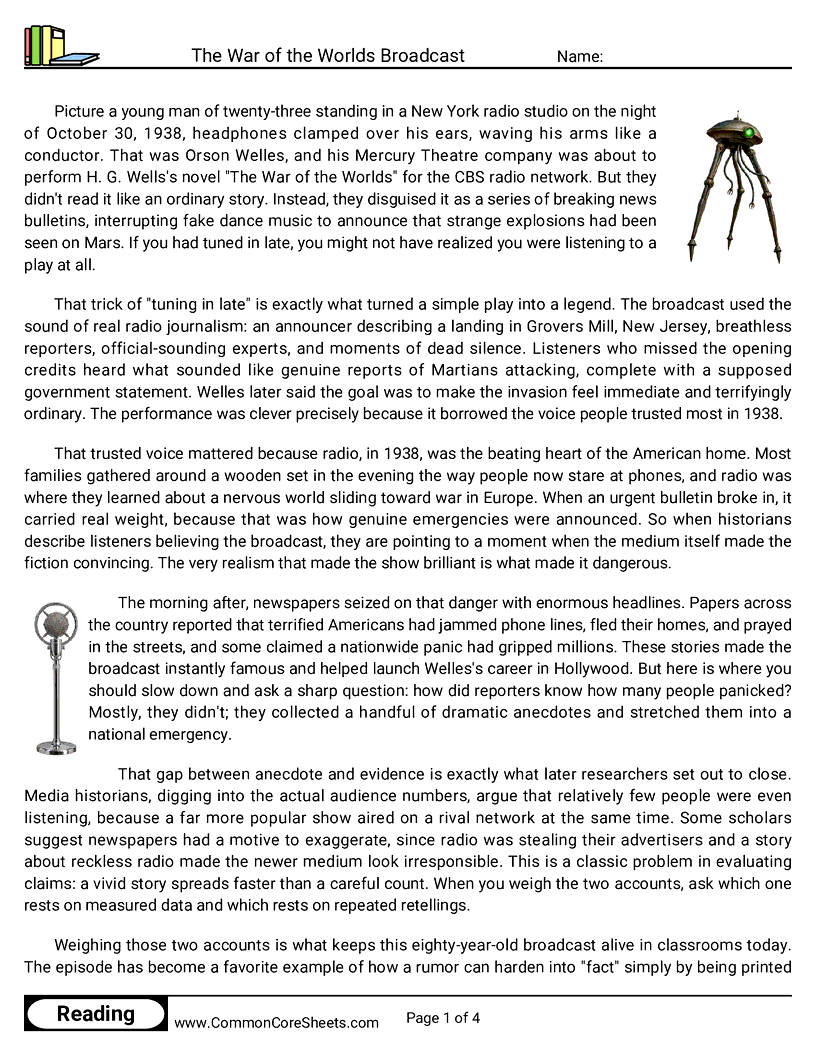8th Grade 31 Days of Halloween Reading - The War of the Worlds Broadcast worksheet